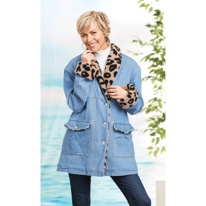 Denim Shearling Coat, , large
