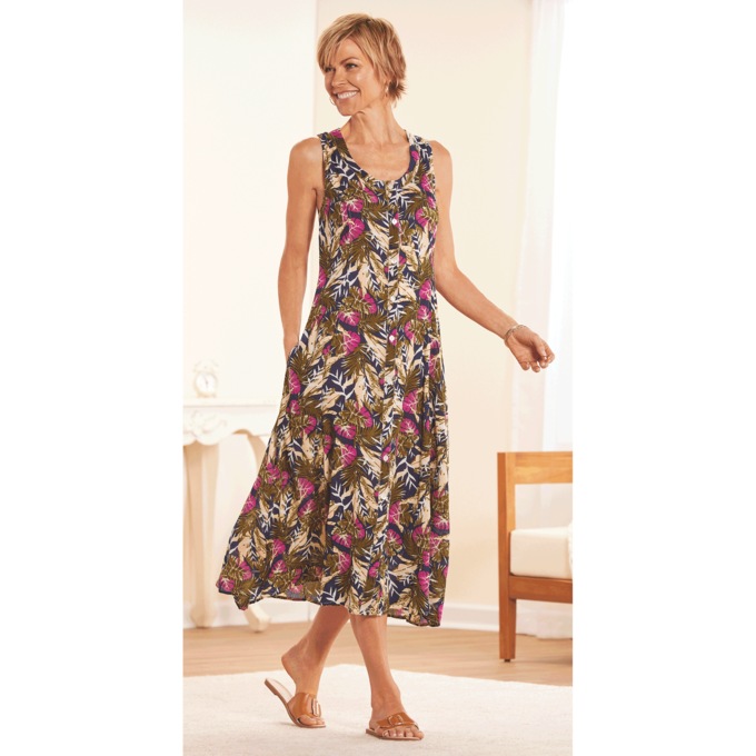 Sleeveless Button-Front Print Sundress, , large