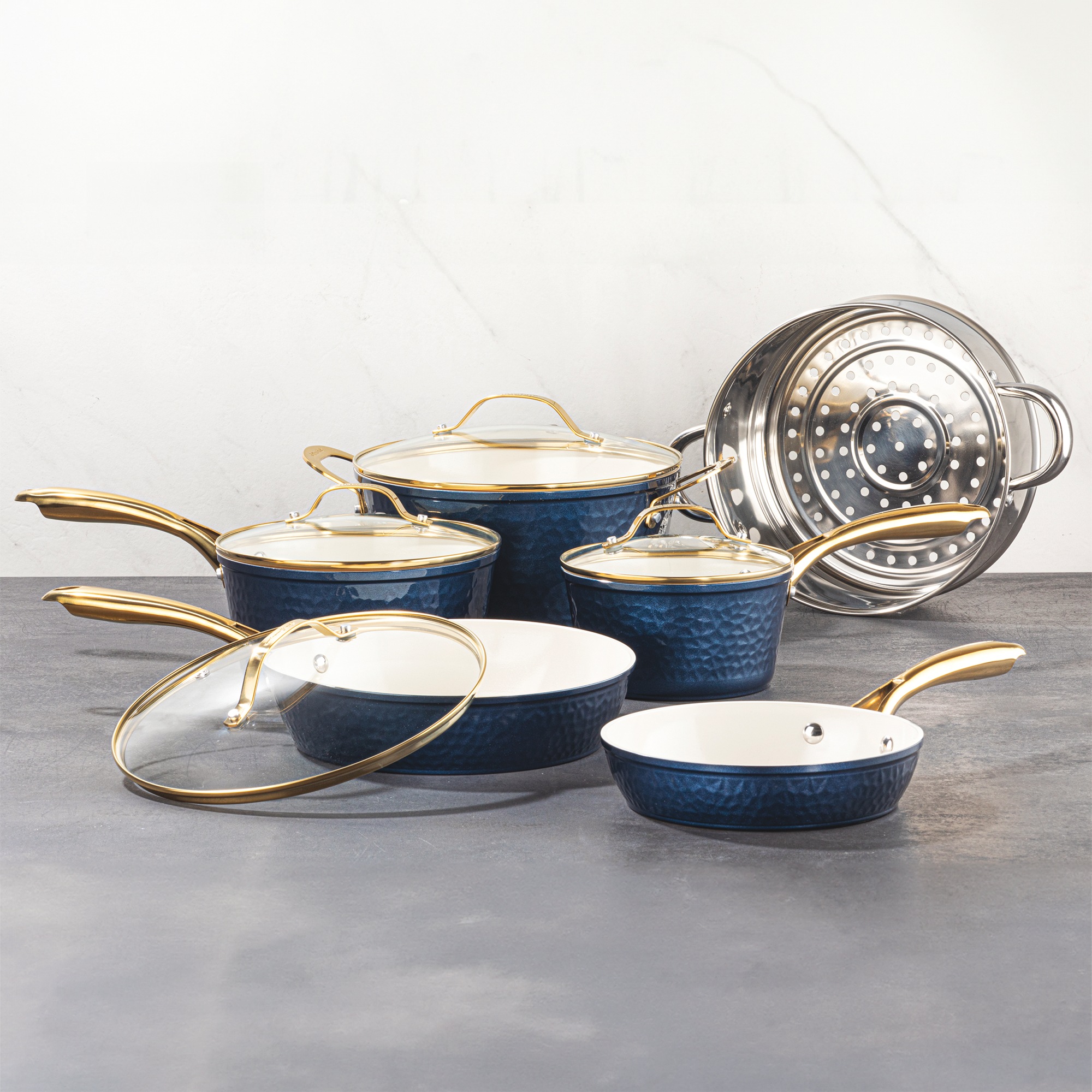 Gotham Steel Hammered Ceramic 10-piece Cookware Set, Navy, large