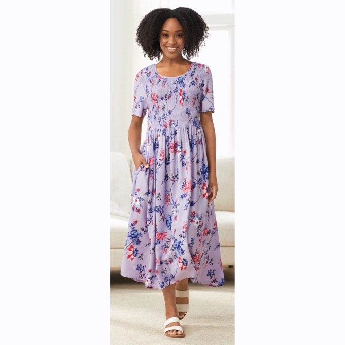 Smocked-Waist Dress, Lilac Floral, large