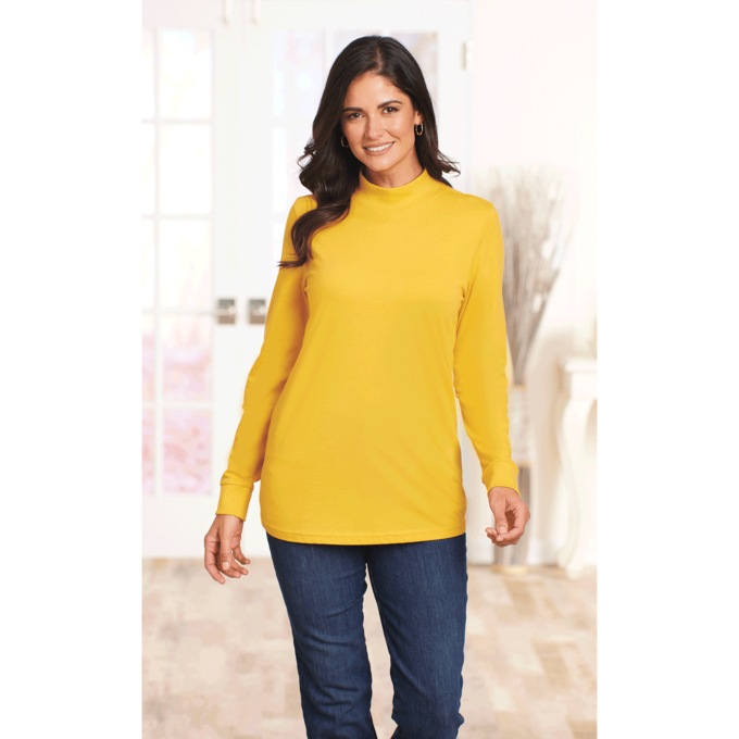 Long-Sleeve Mock Neck Top, Mustard, large
