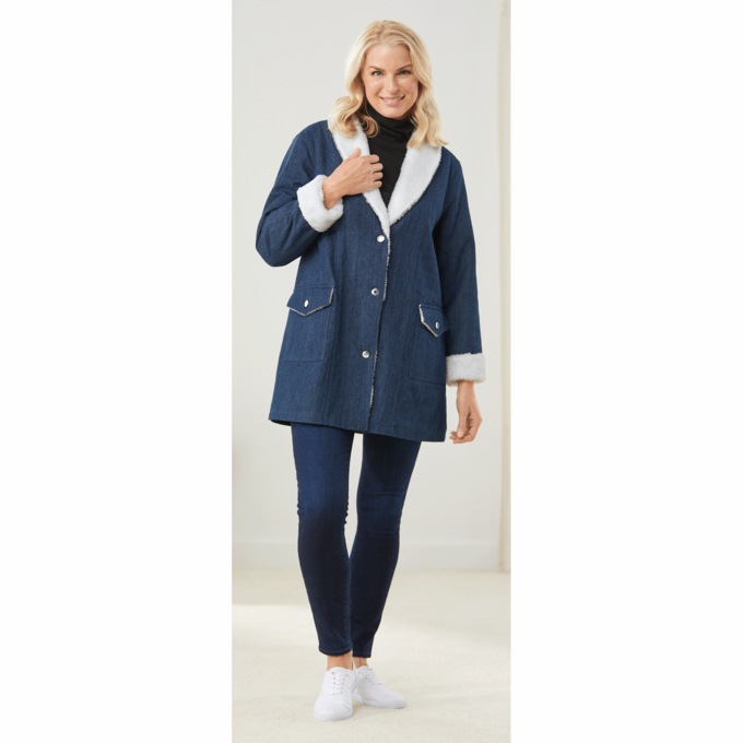 Denim Shearling Coat, , large