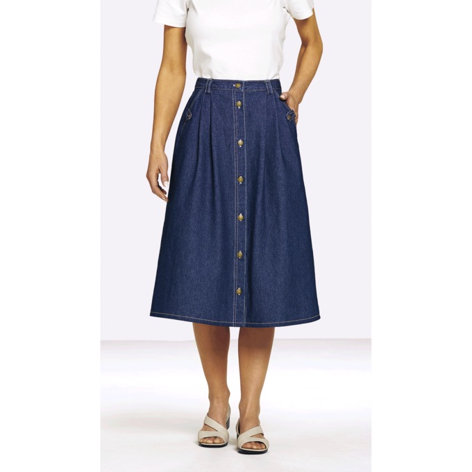 Button-Front Denim Skirt, , large