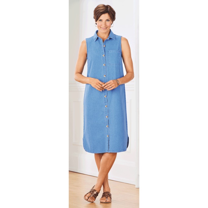 Button-Front Denim Dress, , large