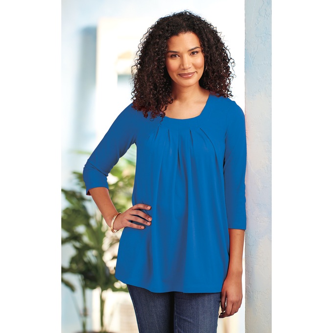 Pleated Neck Swing Tunic with Pockets, , large