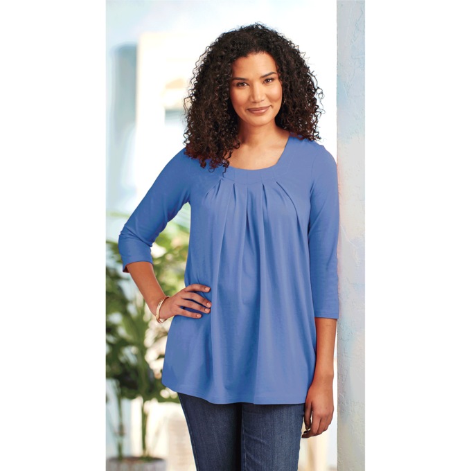 Pleated Neck Swing Tunic with Pockets, , large