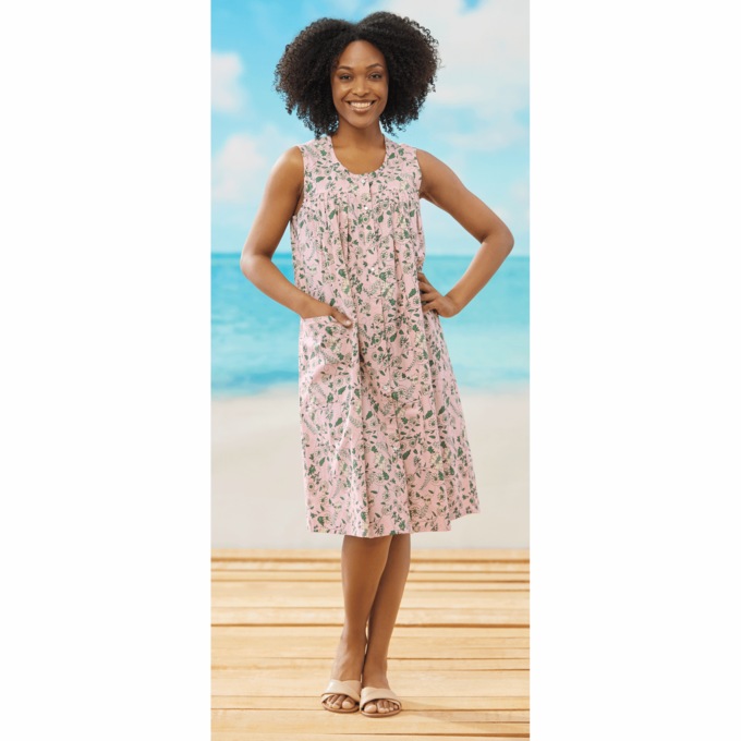 Sleeveless Woven Cotton Shift Dress with Pockets, , large