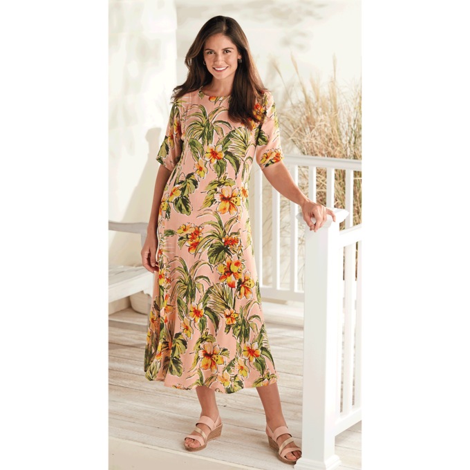 Short-Sleeve Floral Crinkle Dress, , large
