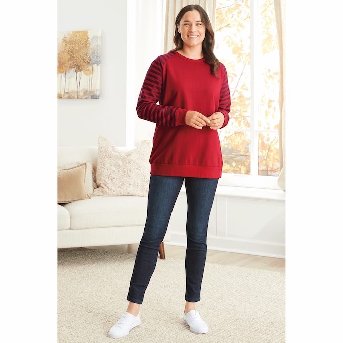 Fleece Sweatshirt with Striped Sleeves, , large