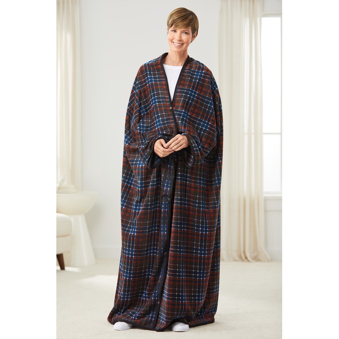 Polar Fleece Blanket Robe, Navy Plaid, large