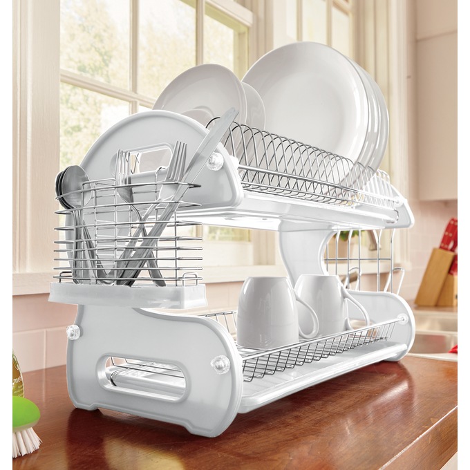 Space-Saving 2-Tier Dish Drying Rack with Utensil Holder, , large