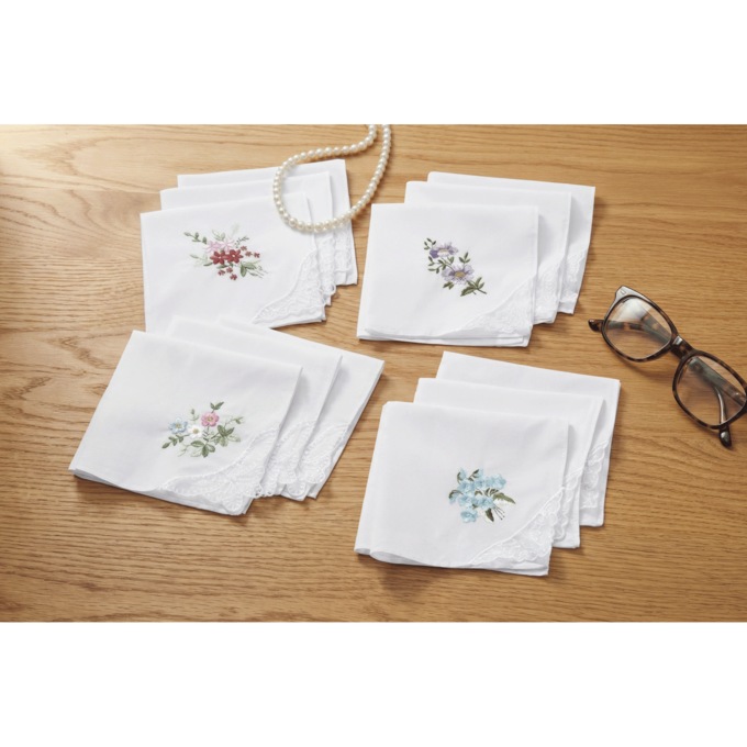 12-Pack Floral Handkerchiefs, White, large
