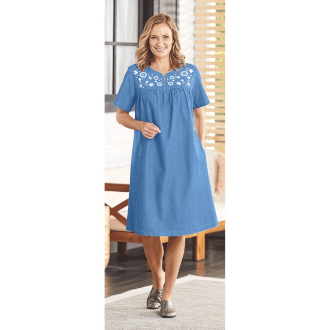 Short Sleeve Denim Patio Dress, , large