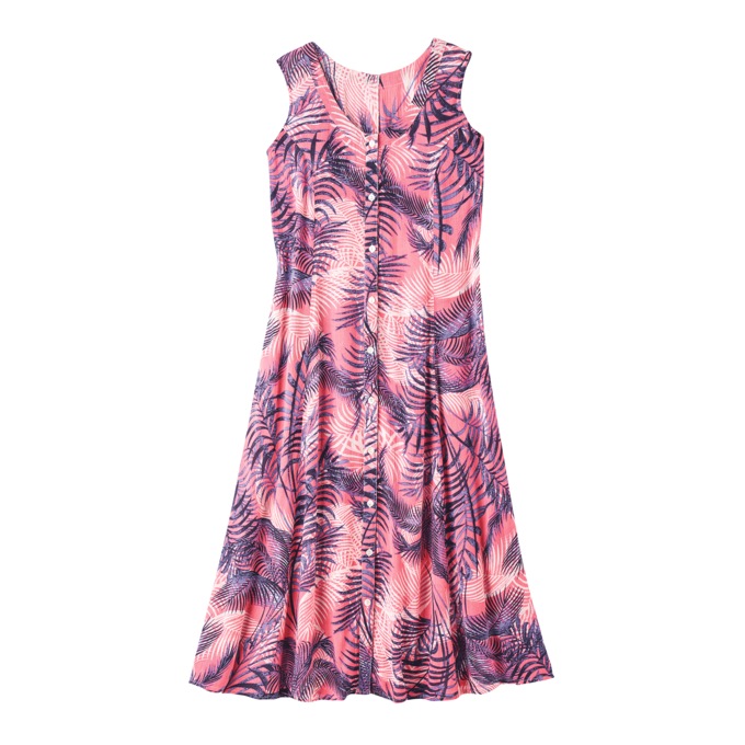 Sleeveless Button-Front Print Dress, Coral Tropics, large