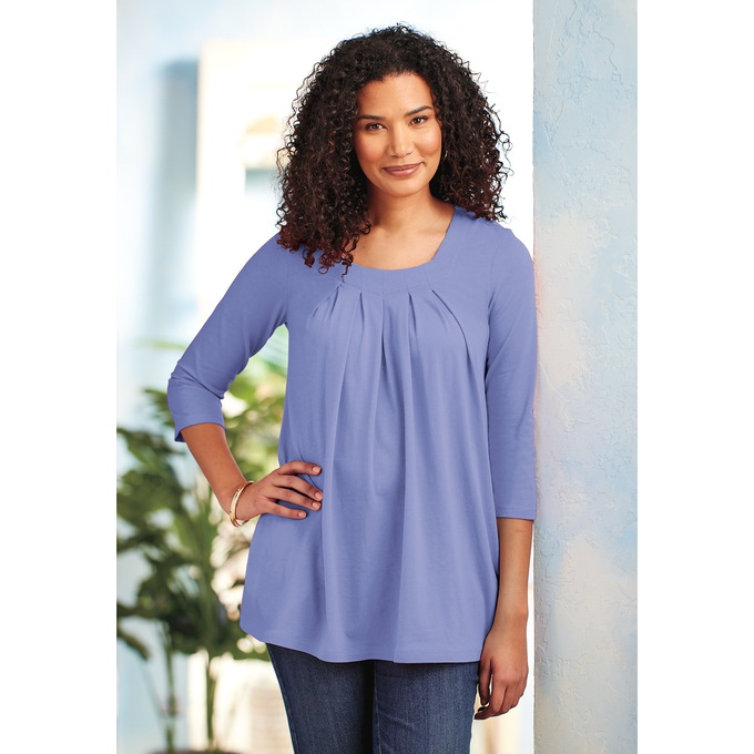 Pleated Neck Swing Tunic with Pockets, , large
