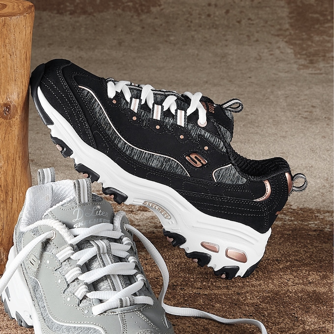 Skechers Women's D'Lites Me-Time Lace-Up, Black Rose Gold, large