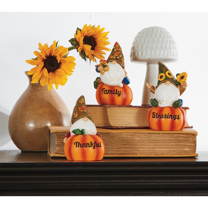 Set Of 3 Gnomes On Lit Pumpkins, , large