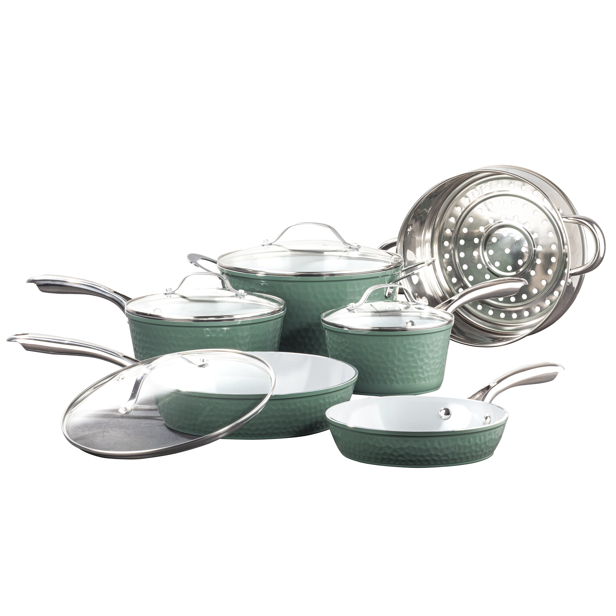 Gotham Steel Hammered Ceramic 10-piece Cookware Set, Sage Green, large