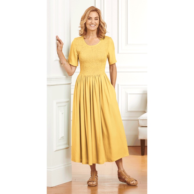 Smocked-Waist Dress, Pear, large