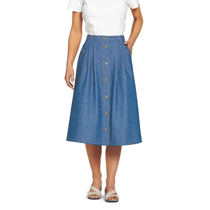 Button-Front Denim Skirt, , large