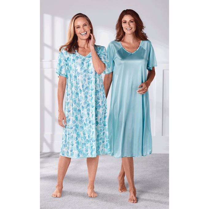 2-Pack Silky Tricot Nightgowns by Cozee Corner®, Seagrass Floral Seagrass, large