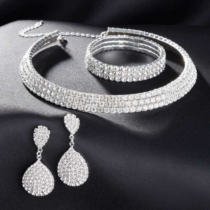 Silvertone Sparkling Crystal Jewelry Set with Necklace, Bracelet, and Earrings, , large