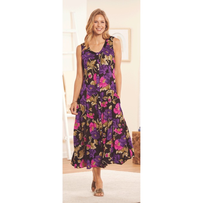 Sleeveless Button-Front Print Sundress, , large