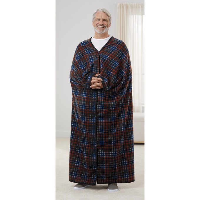 Polar Fleece Convertible Blanket Robe, Navy Plaid, large