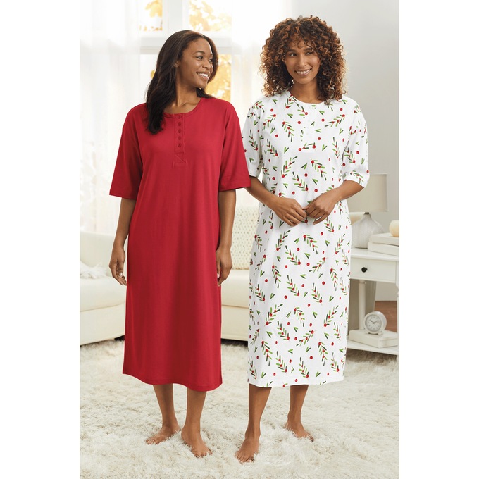 2-Pack Cotton Knit Henley Nightshirts for Women, , large