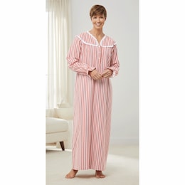 Flannel Cotton Nightgown with Lace Trim, , large