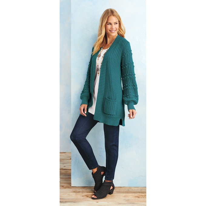 Pom Sleeve Cardigan, Evergreen, large