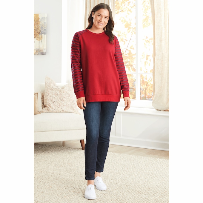 Fleece Sweatshirt with Striped Sleeves, , large
