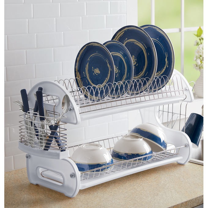 Space-Saving 2-Tier Dish Drying Rack with Utensil Holder, , large